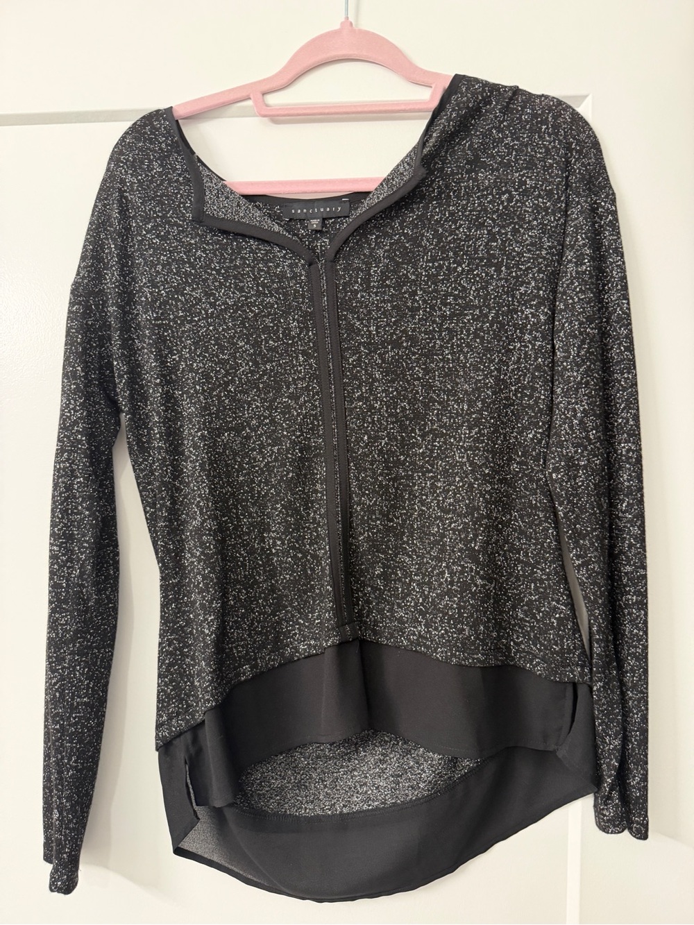 Sanctuary Black Speckle Zip Hoodie with Sheer High-Low Hem
